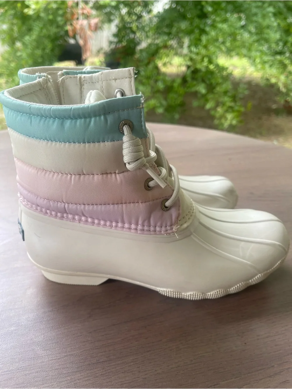 Sperry Kids Cream Duck Boots with Pink & Light Blue Trim